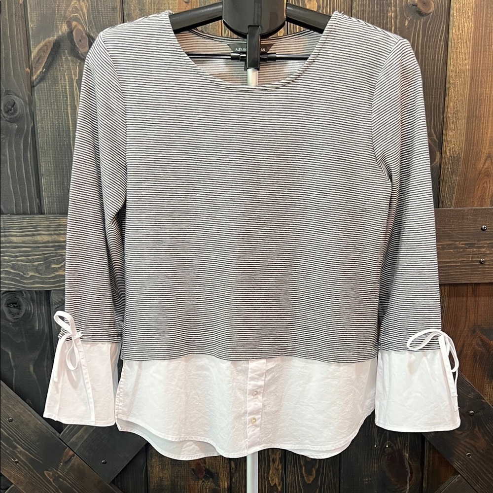 Alexander Jordan Layered Dress Top Size M Stripe Grey White Button Front Bow‎